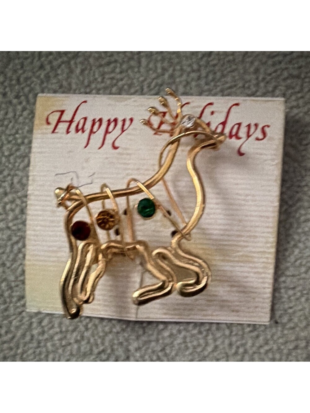 Gold Metal Reindeer Christmas Holiday Brooch Pin - Red Green Accents